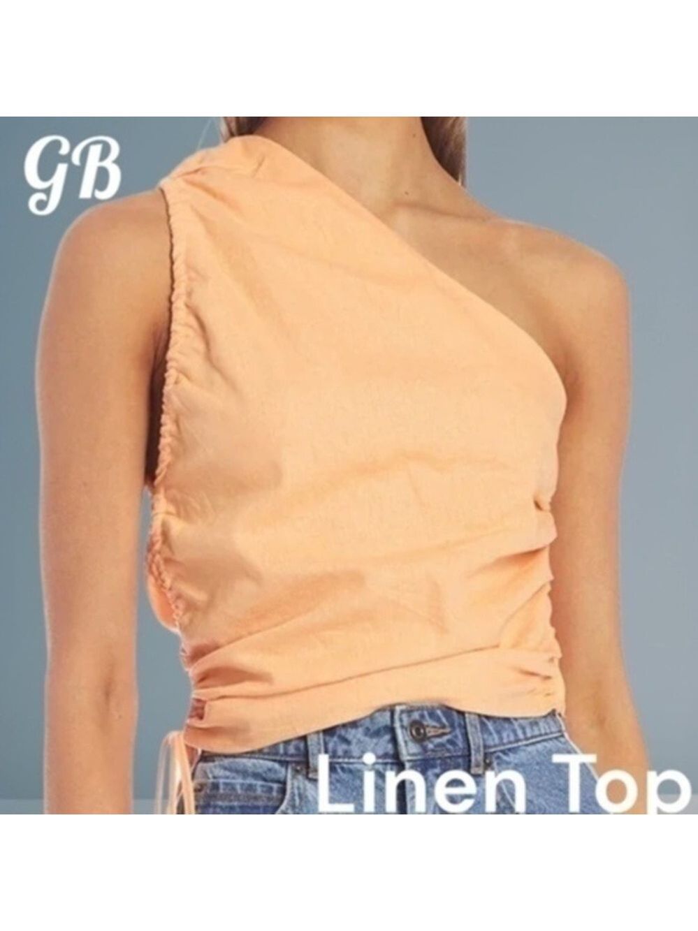 GB Jr. Asymmetrical One Shoulder Side Ruched Drawstring Woven Linen Blend Blouse